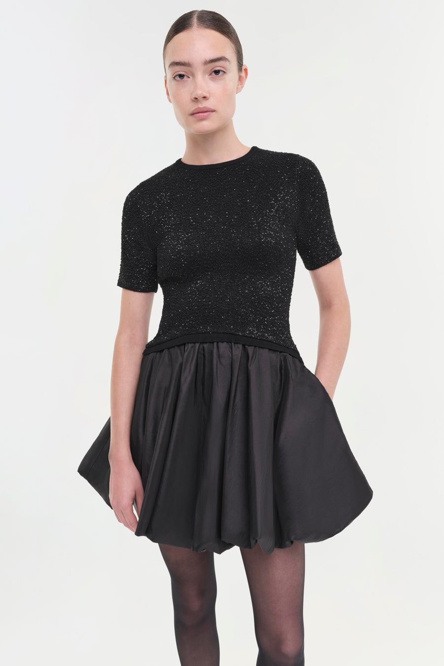 SIMKHAI Kenz Knit Combo Ruffle Mini Dress
