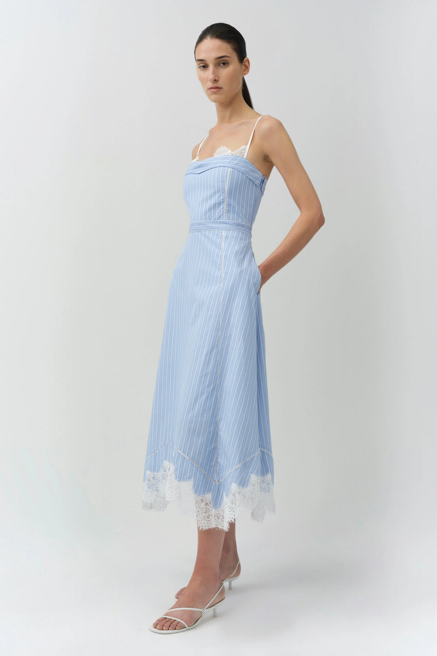 Simkhai Avaleigh Oxford Striped Lace Trim Midi Dress
