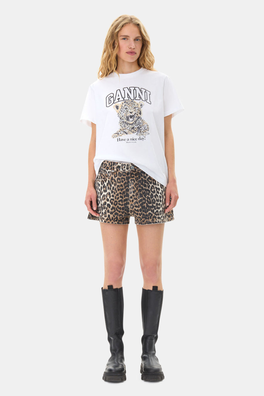 Ganni Leopard Printed Denim Shorts