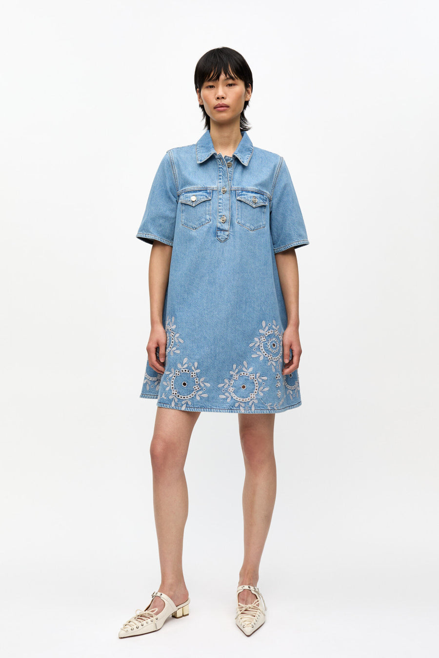 Ganni Broderie Anglaise Denim Mini Dress