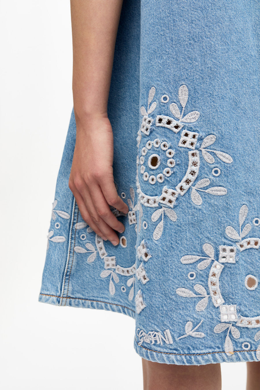Ganni Broderie Anglaise Denim Mini Dress