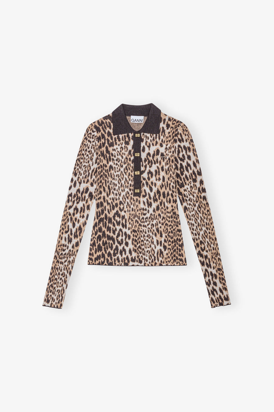 Ganni Fine Merino Jacquard Leopard Polo