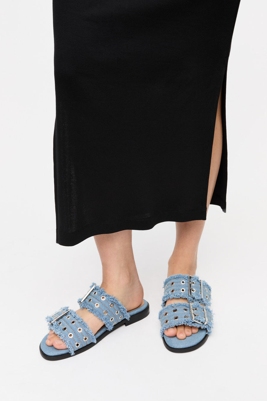 Ganni Feminine Buckle Two Strap Sandal Charms Denim