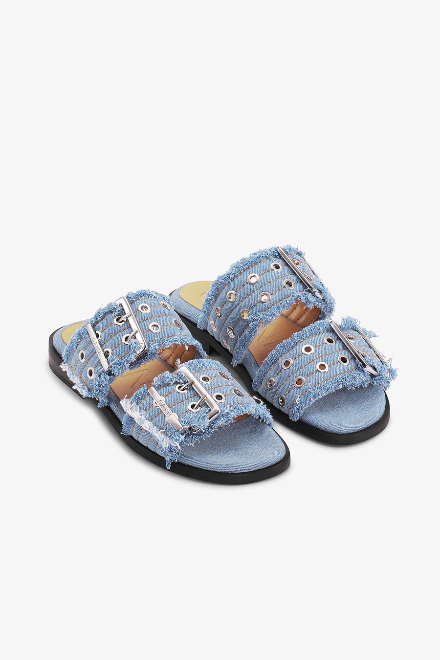 Ganni Feminine Buckle Two Strap Sandal Charms Denim
