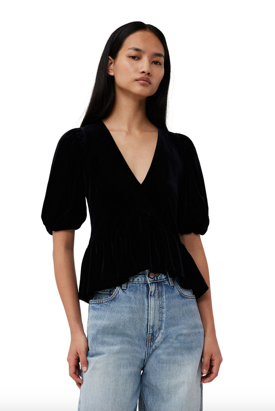 Ganni Velvet Jersey V-neck Blouse