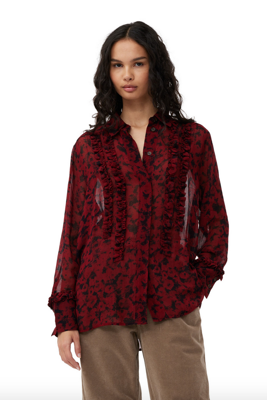 Ganni Printed Light Georgette Ruffle Shirt