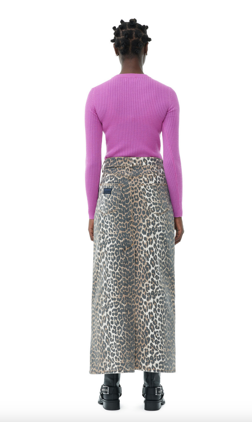 Ganni Leopard Denim Maxi Slit Skirt