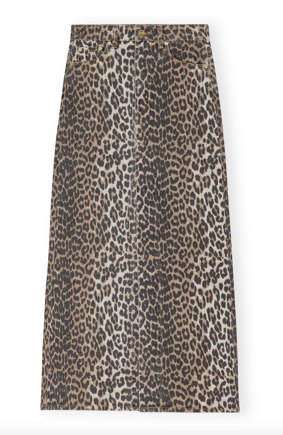 Ganni Leopard Denim Maxi Slit Skirt