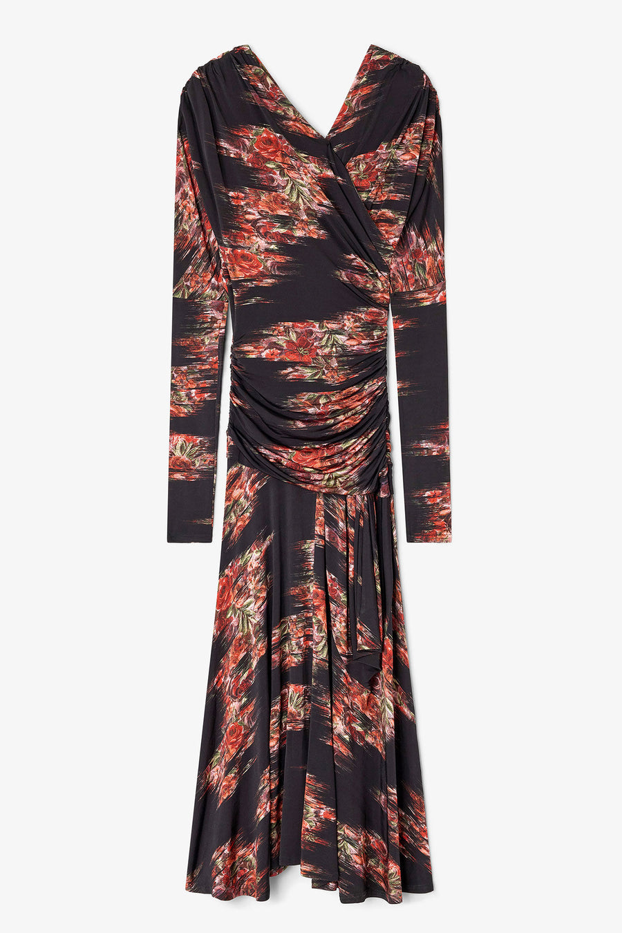 Ganni Printed Shiny Jersey Ruched Long Dress