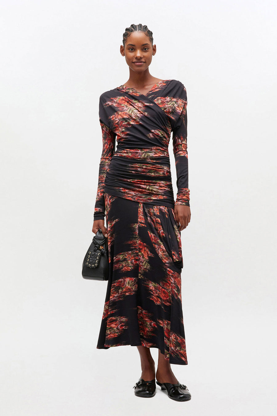 Ganni Printed Shiny Jersey Ruched Long Dress