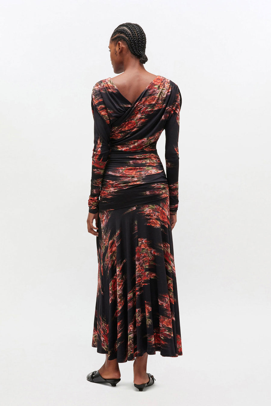 Ganni Printed Shiny Jersey Ruched Long Dress