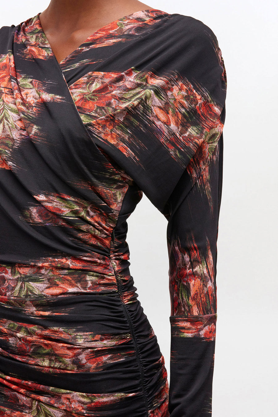 Ganni Printed Shiny Jersey Ruched Long Dress