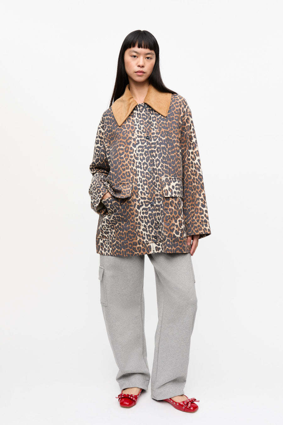 Ganni Leopard Printed Canvas Midi Jacket