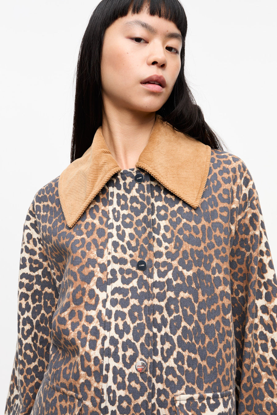 Ganni Leopard Printed Canvas Midi Jacket