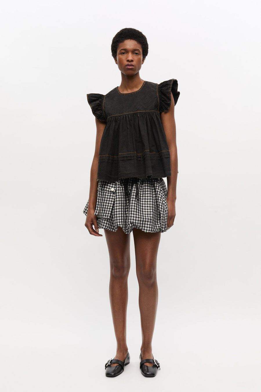 Ganni Garment Dyed Cotton Frill Sleeve Top