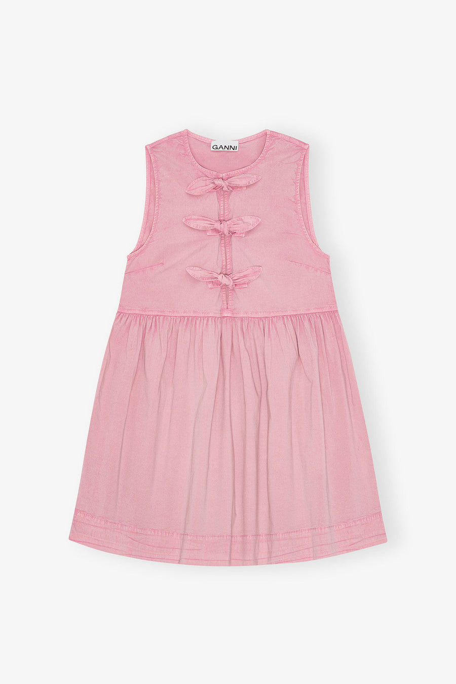 Ganni Washed Stretch Cotton Mini Bow Tie Dress