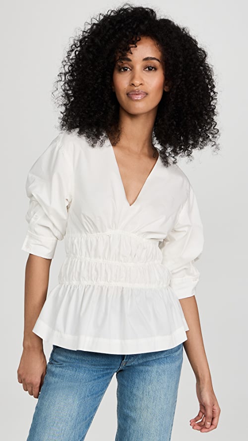 SIMKHAI Yuni Cotton Poplin Puff Sleeve Ruched Top