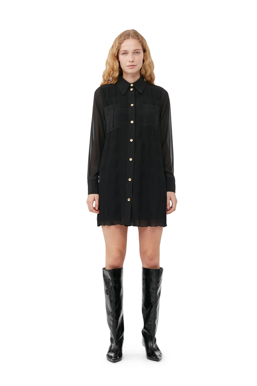 Ganni Pleated Georgette Shirt Dress