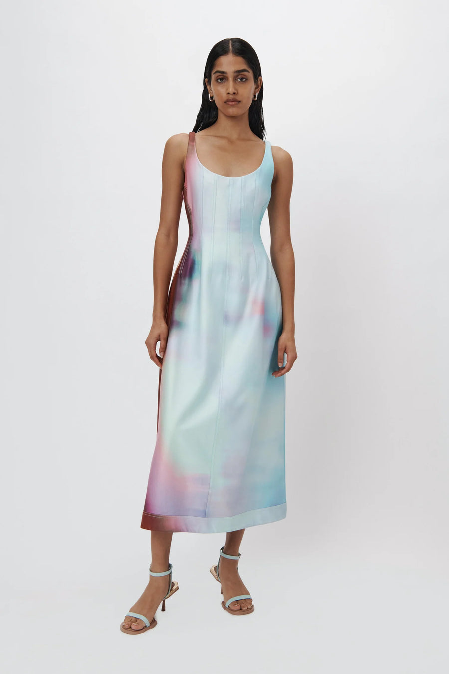 SIMKHAI Coralie Sateen Surreal Print Halter Midi Dress