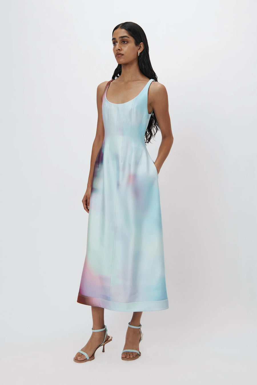 SIMKHAI Coralie Sateen Surreal Print Halter Midi Dress