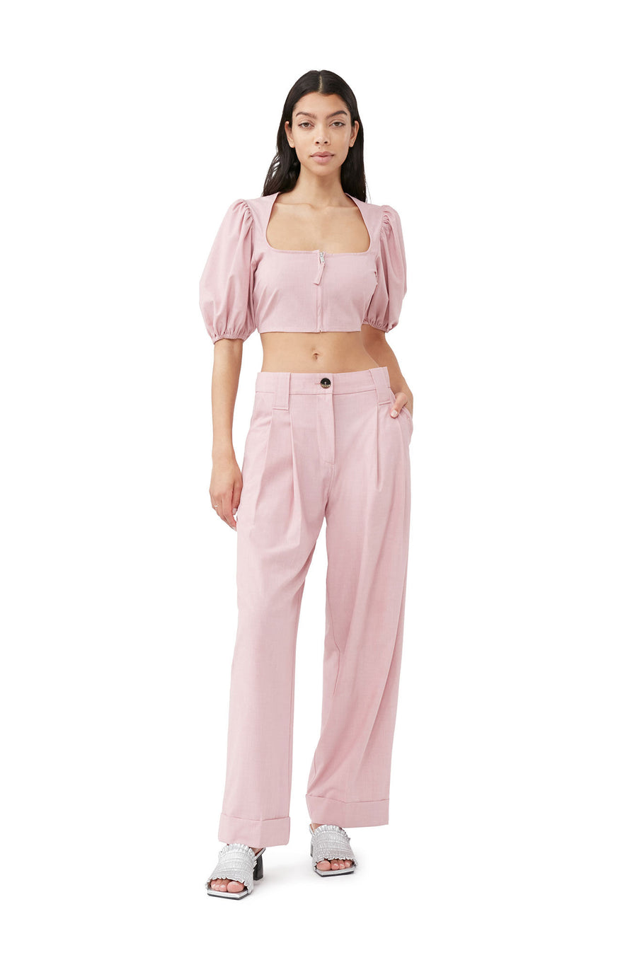 Ganni Drapey Melange Zipper Blouse